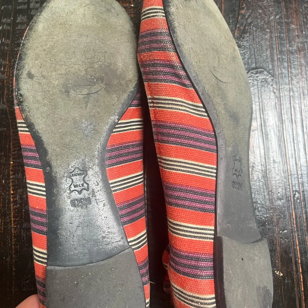 Tory Burch Red Striped Canvas Logo Flats with Black Trim